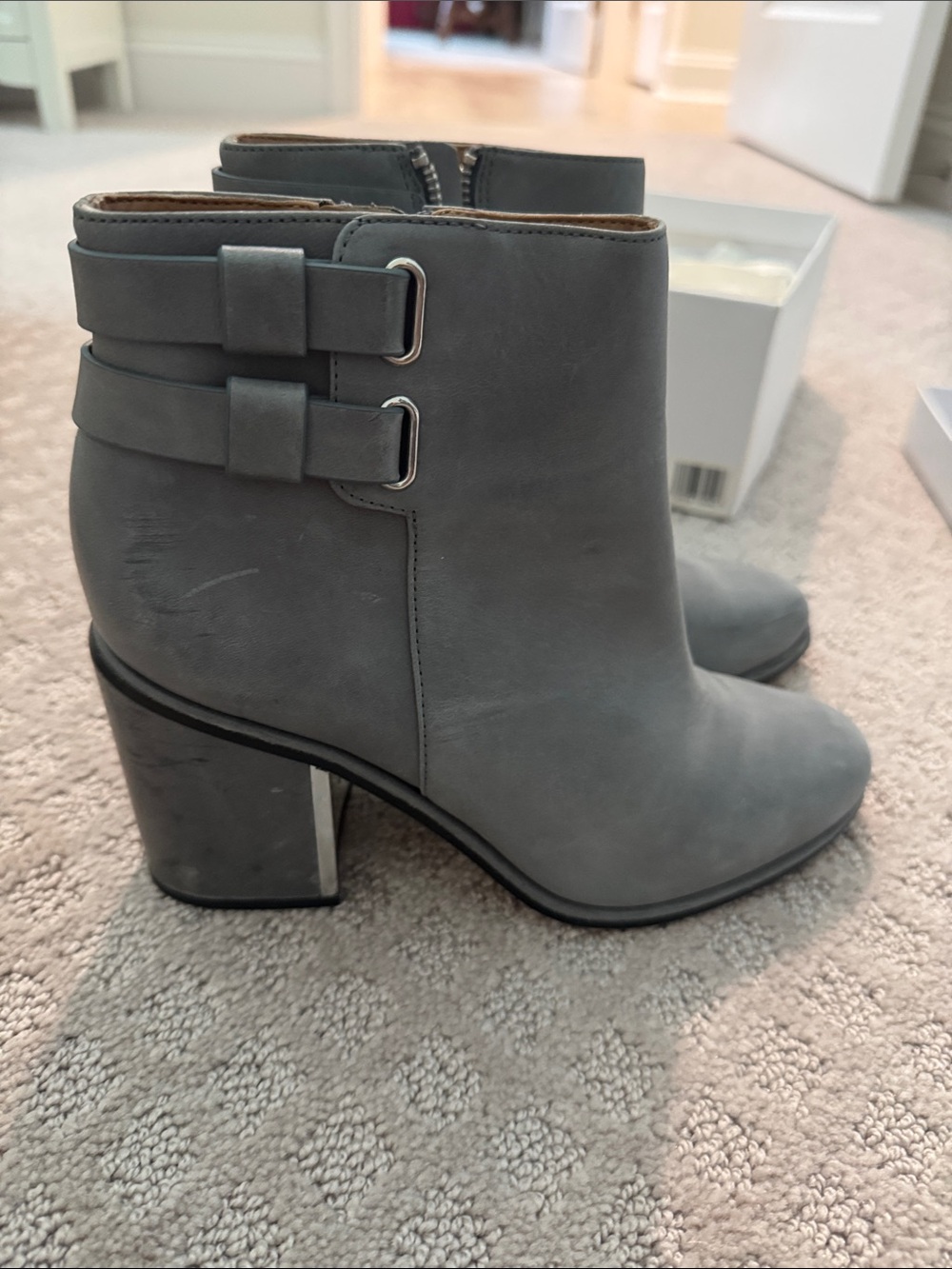 Calvin Klein Gray Leather Ankle Booties with Buckle Accent